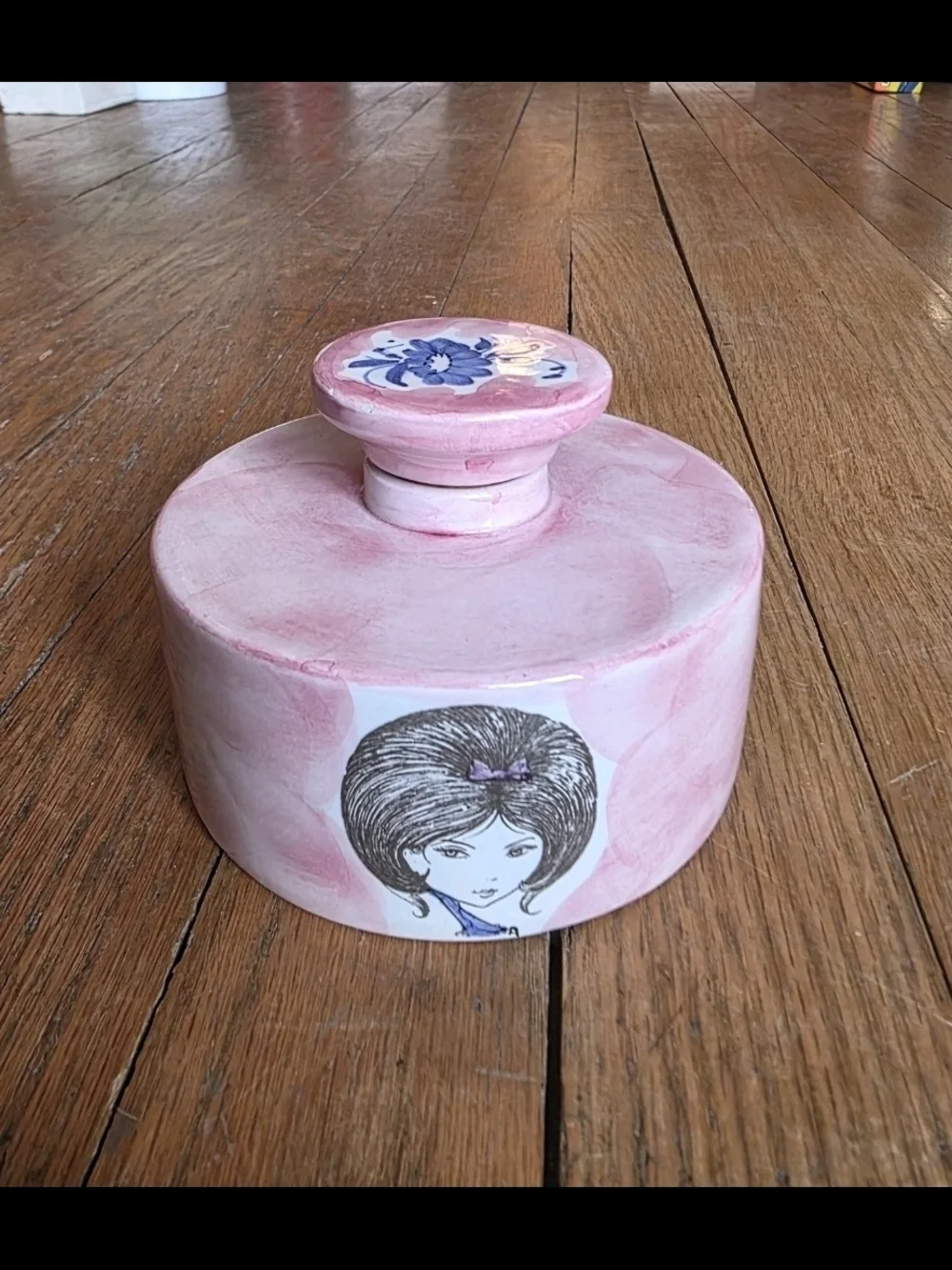 1950's-1960's Italian Pink Ceramic Decorative Jar with Illustrated Girl Accent